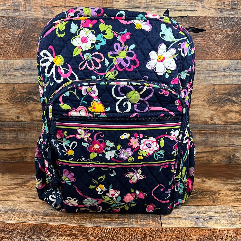 Vera Bradley Quilted Navy Blue Floral Campus Backpack